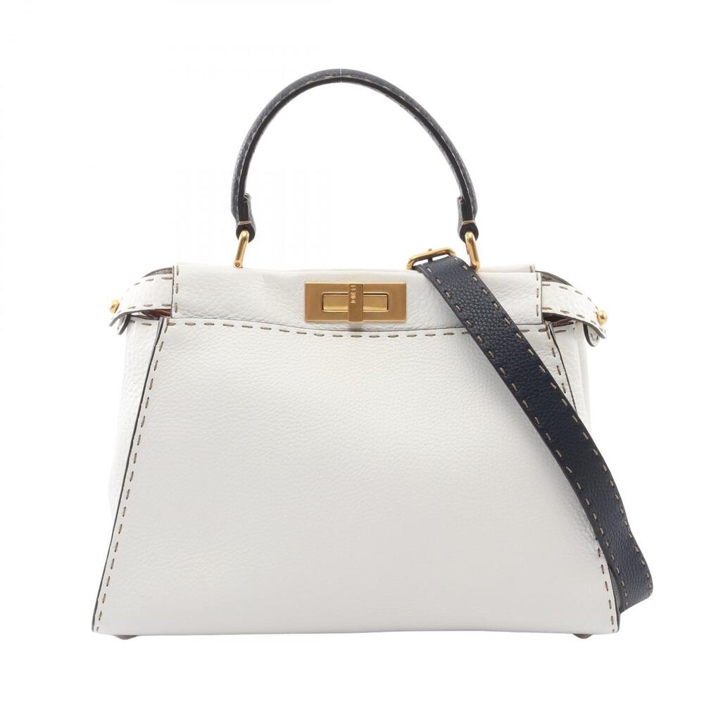 Fendi Peekaboo Regular Selleria Handbag Leather White Navy Blue